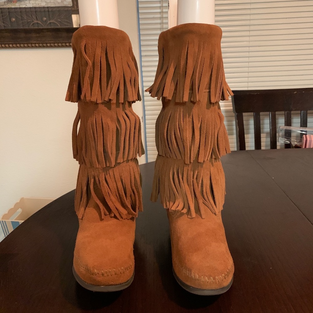 Minnetonka Triple Fringe Suede Moccasin Boots in Cognac Brown - Picture 5 of 7